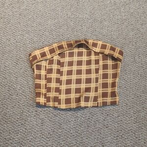 With Jean Carla Corset Top M Strapless Top Yellow Brown Plaid Checks Zipper